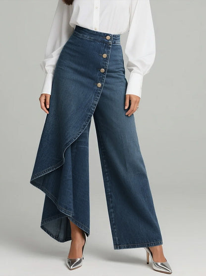 Women's wide-leg jeans with high rise, asymmetric front overlay and button fastening