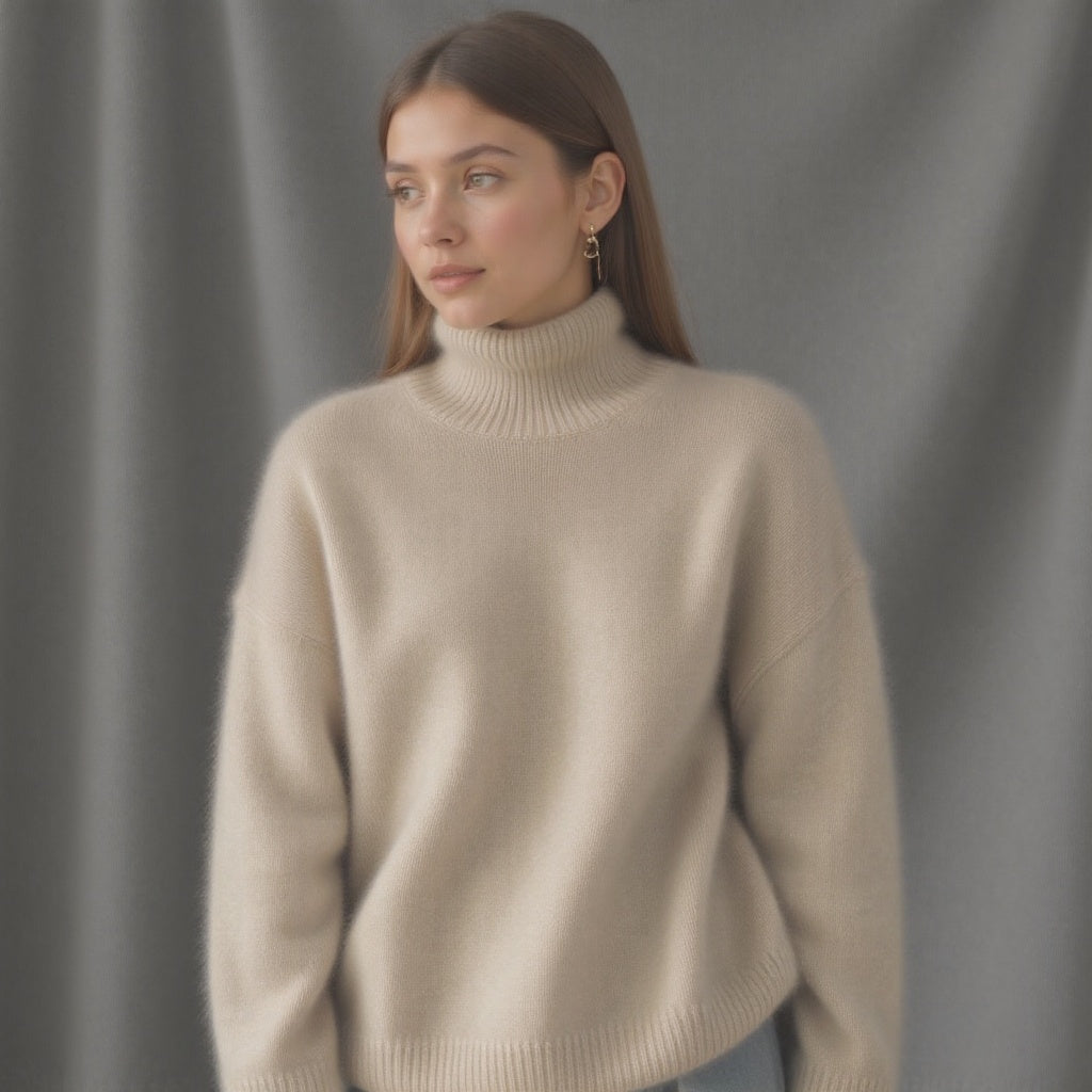 Women's oversized turtleneck sweater with long sleeves and ribbed trims