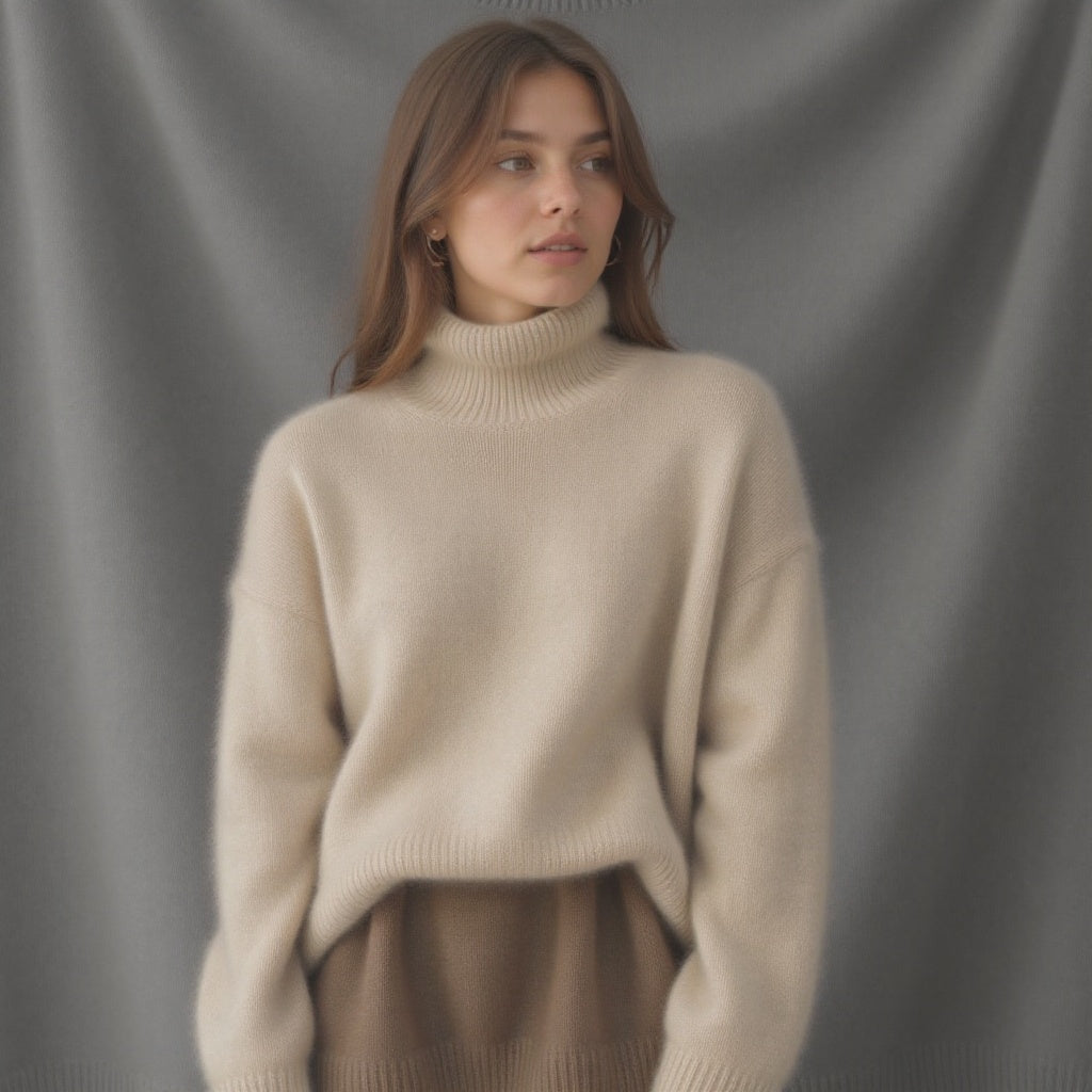 Women's oversized turtleneck sweater with long sleeves and ribbed trims