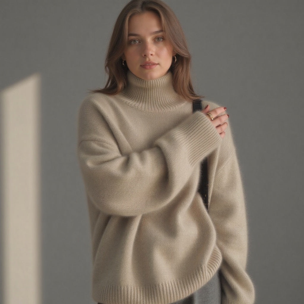 Women's oversized turtleneck sweater with long sleeves and ribbed trims
