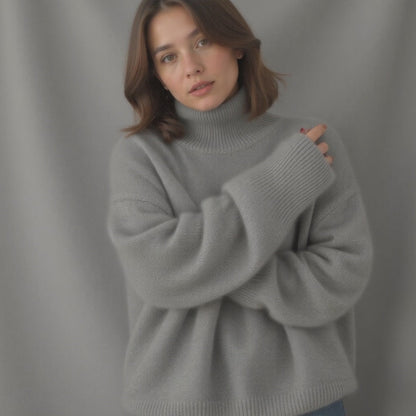 Women's oversized turtleneck sweater with long sleeves and ribbed trims