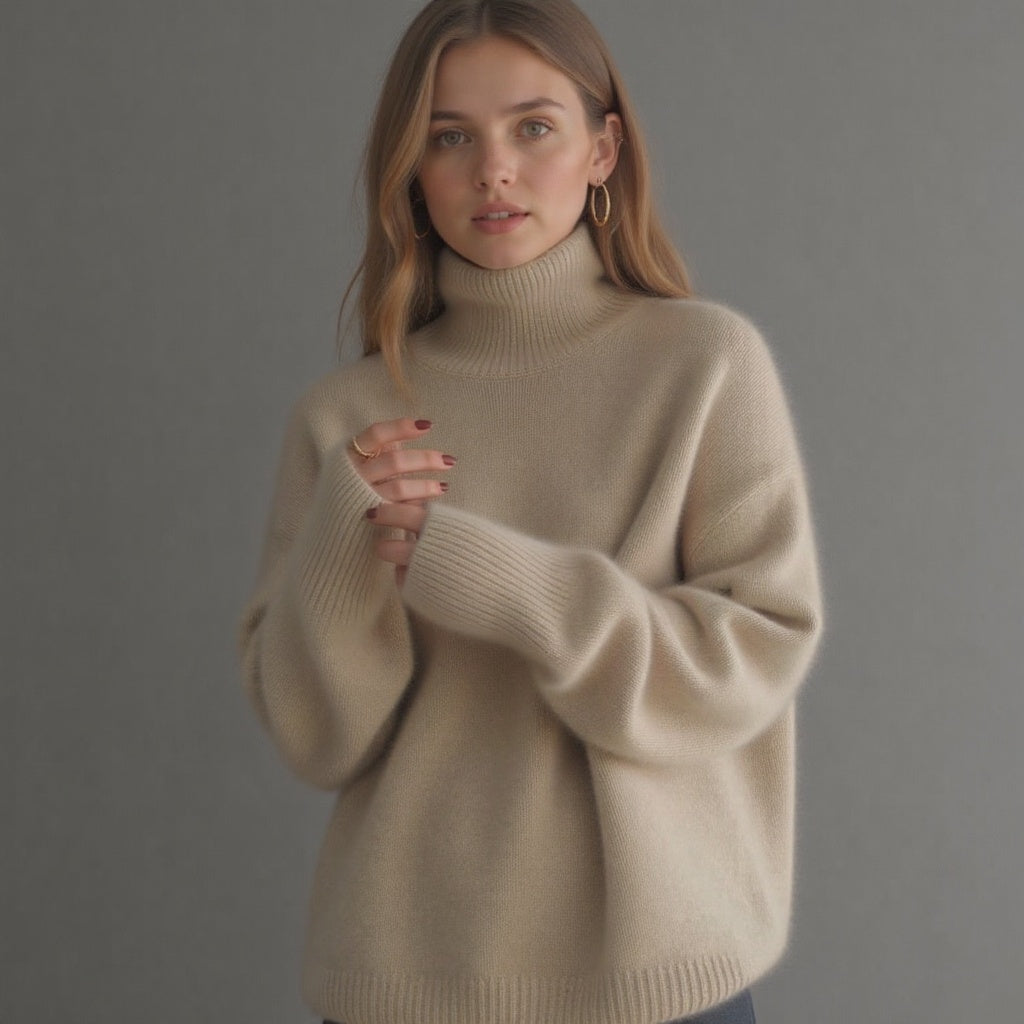 Women's oversized turtleneck sweater with long sleeves and ribbed trims