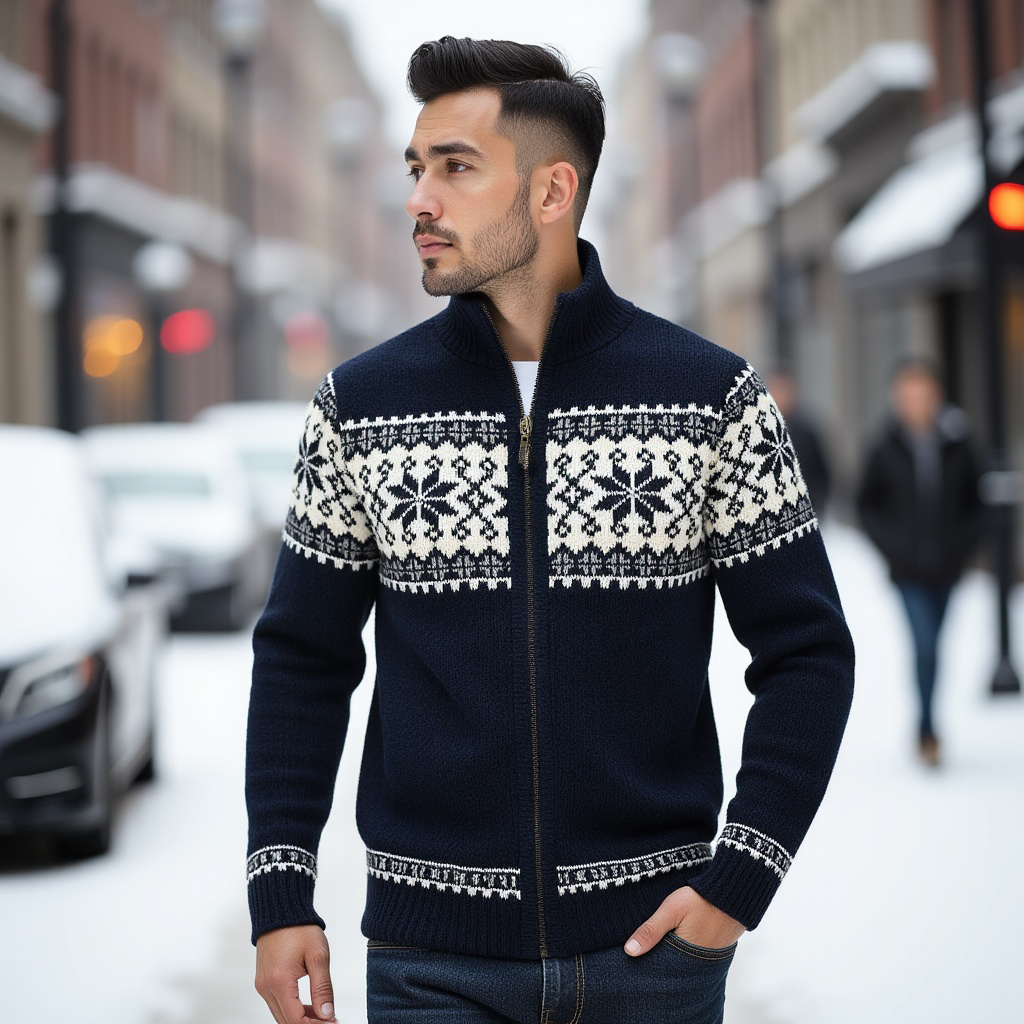 Long-sleeve patterned knit cardigan with high collar and front zipper