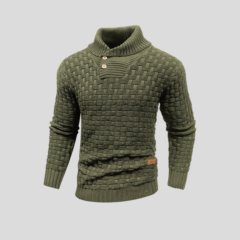 Men's textured mock neck sweater with button placket and long sleeves
