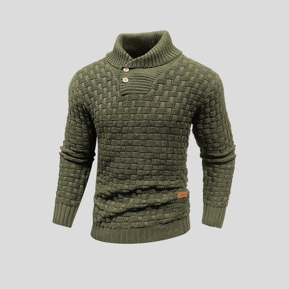 Men's textured mock neck sweater with button placket and long sleeves