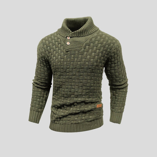 Men's textured mock neck sweater with button placket and long sleeves