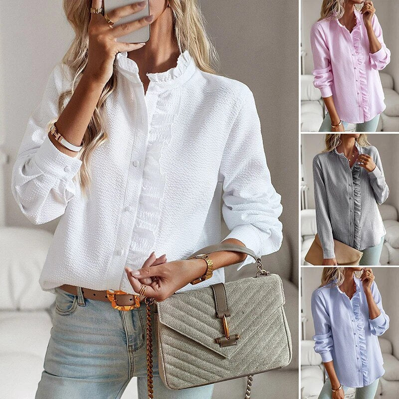 Women's long-sleeve textured blouse with a ruffled Mandarin collar and button front