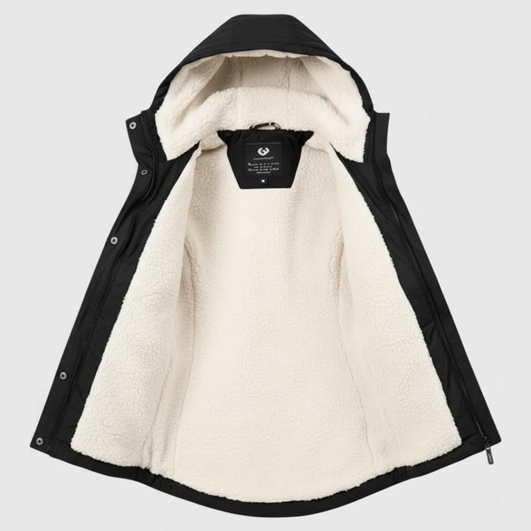 Women's hooded fleece-lined parka jacket with long sleeves and zip front