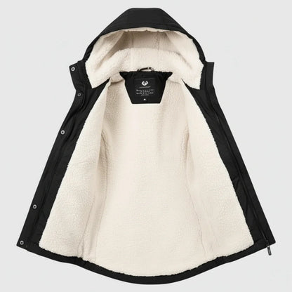 Women's hooded fleece-lined parka jacket with long sleeves and zip front