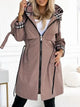 Women's long hooded zip coat with plaid trim and front pockets