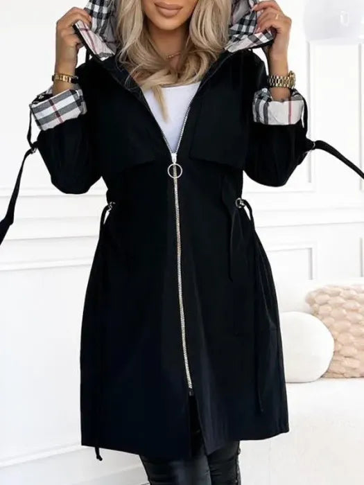 Women's long hooded zip coat with plaid trim and front pockets