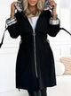 Women's long hooded zip coat with plaid trim and front pockets