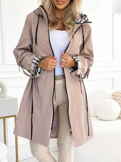 Women's long hooded zip coat with plaid trim and front pockets