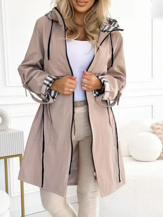 Women's long hooded zip coat with plaid trim and front pockets