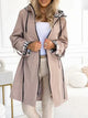 Women's long hooded zip coat with plaid trim and front pockets