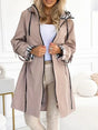 Women's long hooded zip coat with plaid trim and front pockets