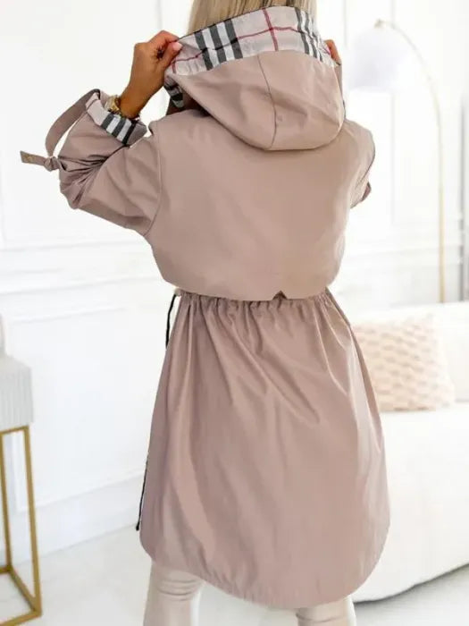 Women's long hooded zip coat with plaid trim and front pockets
