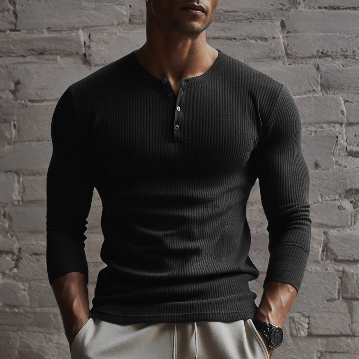 Men's long-sleeve ribbed henley sweater with button placket