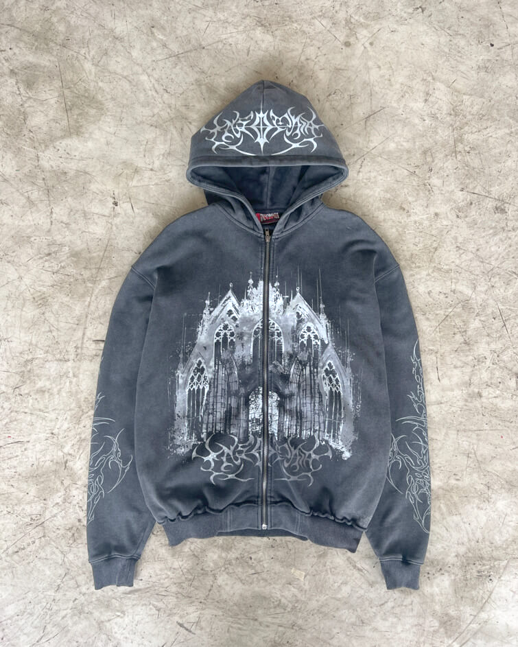 Black hooded zip hoodie with monochrome cathedral graphic and printed sleeves