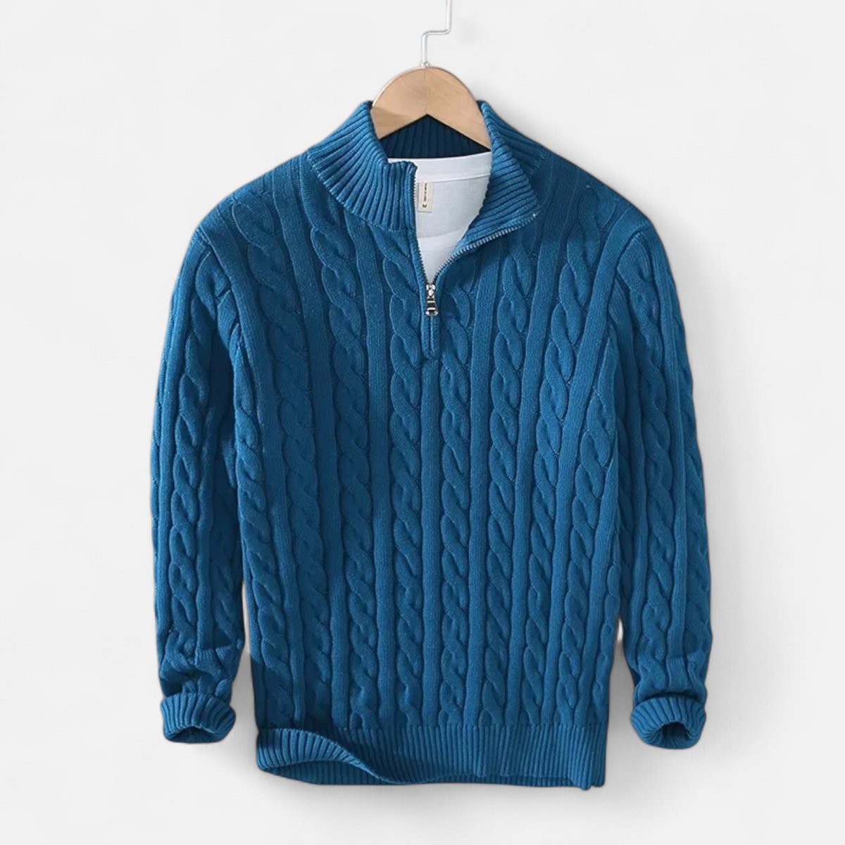 Men's cable-knit quarter-zip sweater with mock neck and long sleeves