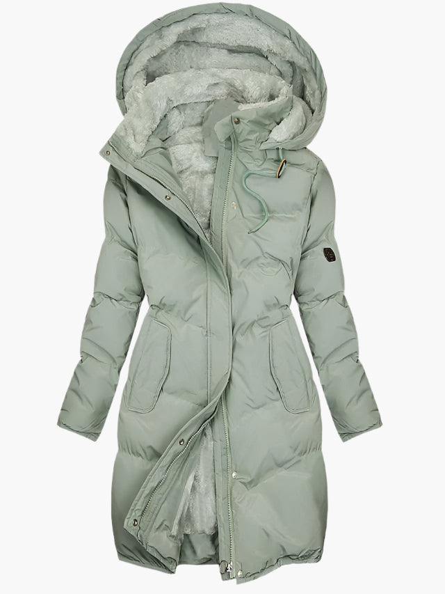 Women's long padded hooded coat with plush pile lining and front pockets