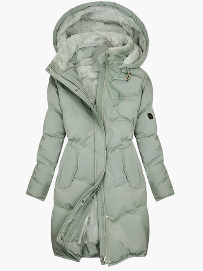 Women's long padded hooded coat with plush pile lining and front pockets