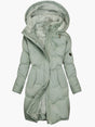 Women's long padded hooded coat with plush pile lining and front pockets