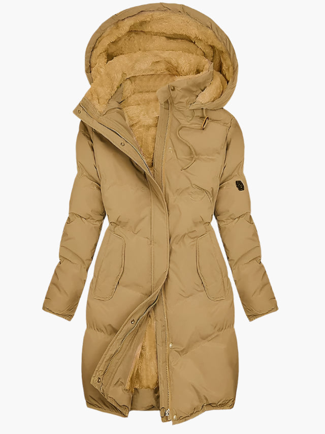 Women's long padded hooded coat with plush pile lining and front pockets