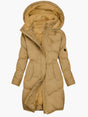 Women's long padded hooded coat with plush pile lining and front pockets