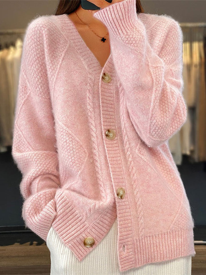 Women's V-neck cable knit cardigan with buttons and long sleeves