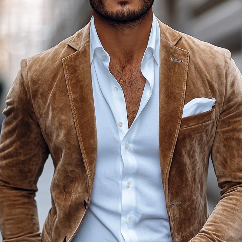 Men's brown slim fit blazer jacket with notched lapels and front pockets
