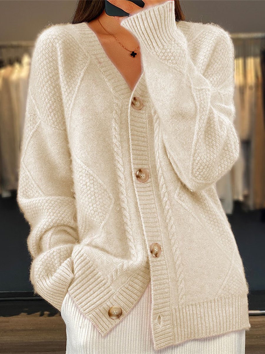 Women's V-neck cable knit cardigan with buttons and long sleeves