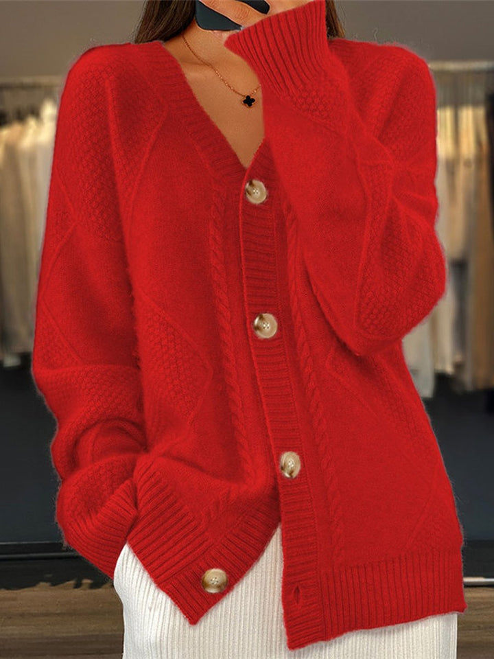 Women's V-neck cable knit cardigan with buttons and long sleeves