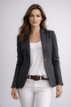 Women's single-button blazer with notched lapels and long sleeves