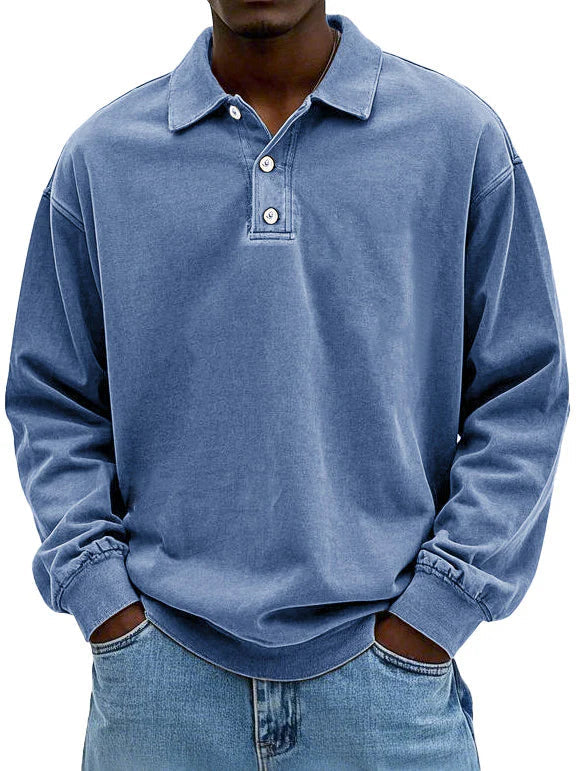 Men's long sleeve polo sweater with collar and button placket