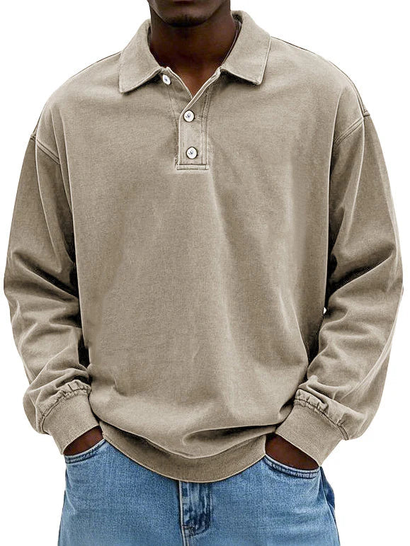 Men's long sleeve polo sweater with collar and button placket