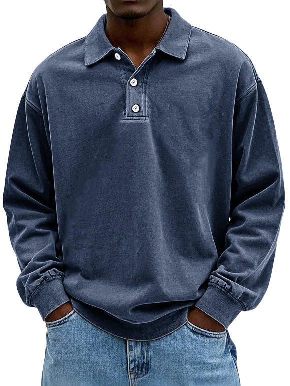 Men's long sleeve polo sweater with collar and button placket