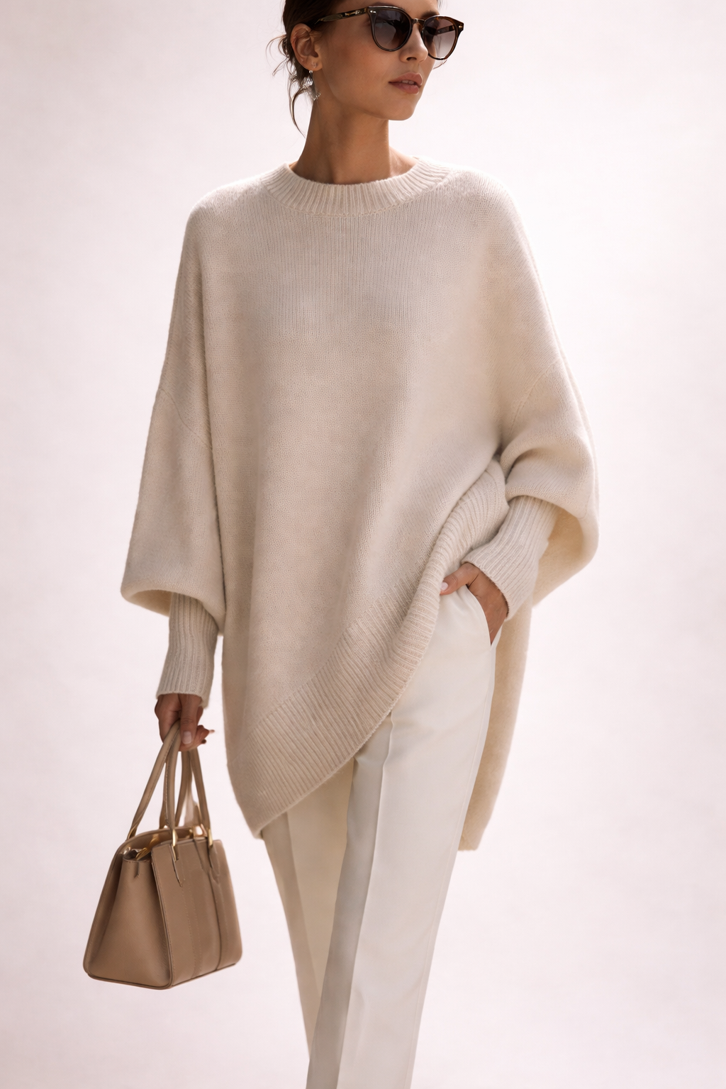 Women's oversized poncho sweater with crew neck and ribbed cuffs