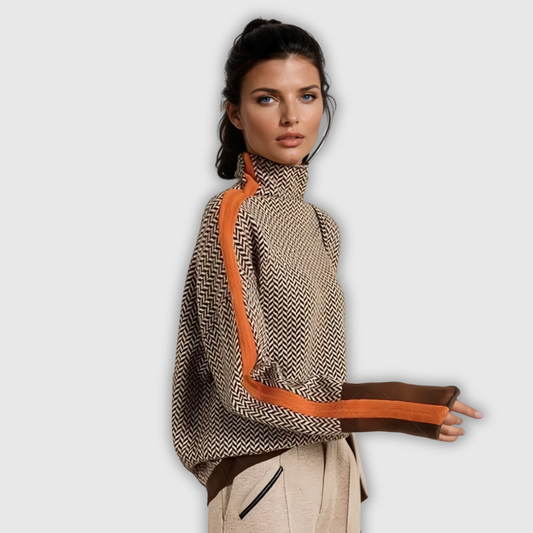 Women's herringbone roll neck jumper with contrast trim and long sleeves