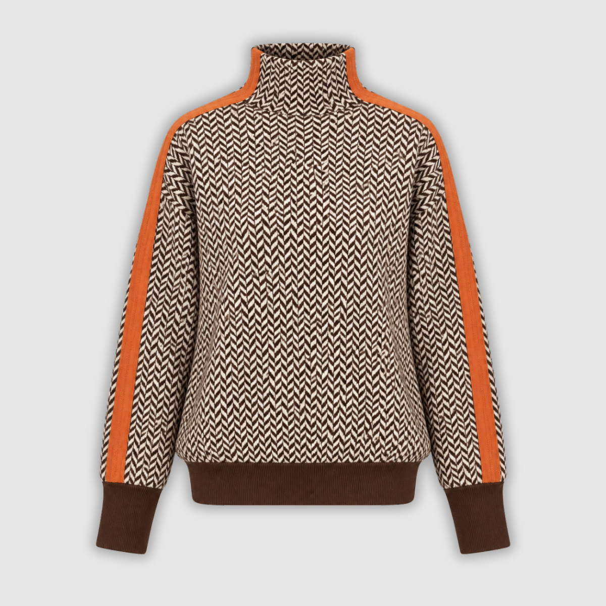 Women's herringbone roll neck jumper with contrast trim and long sleeves