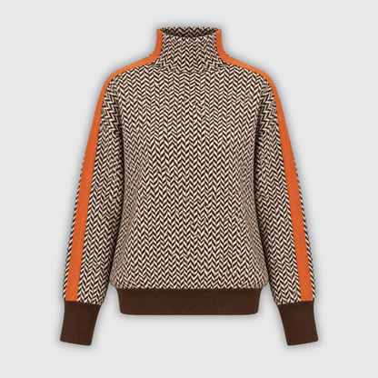 Women's herringbone roll neck jumper with contrast trim and long sleeves