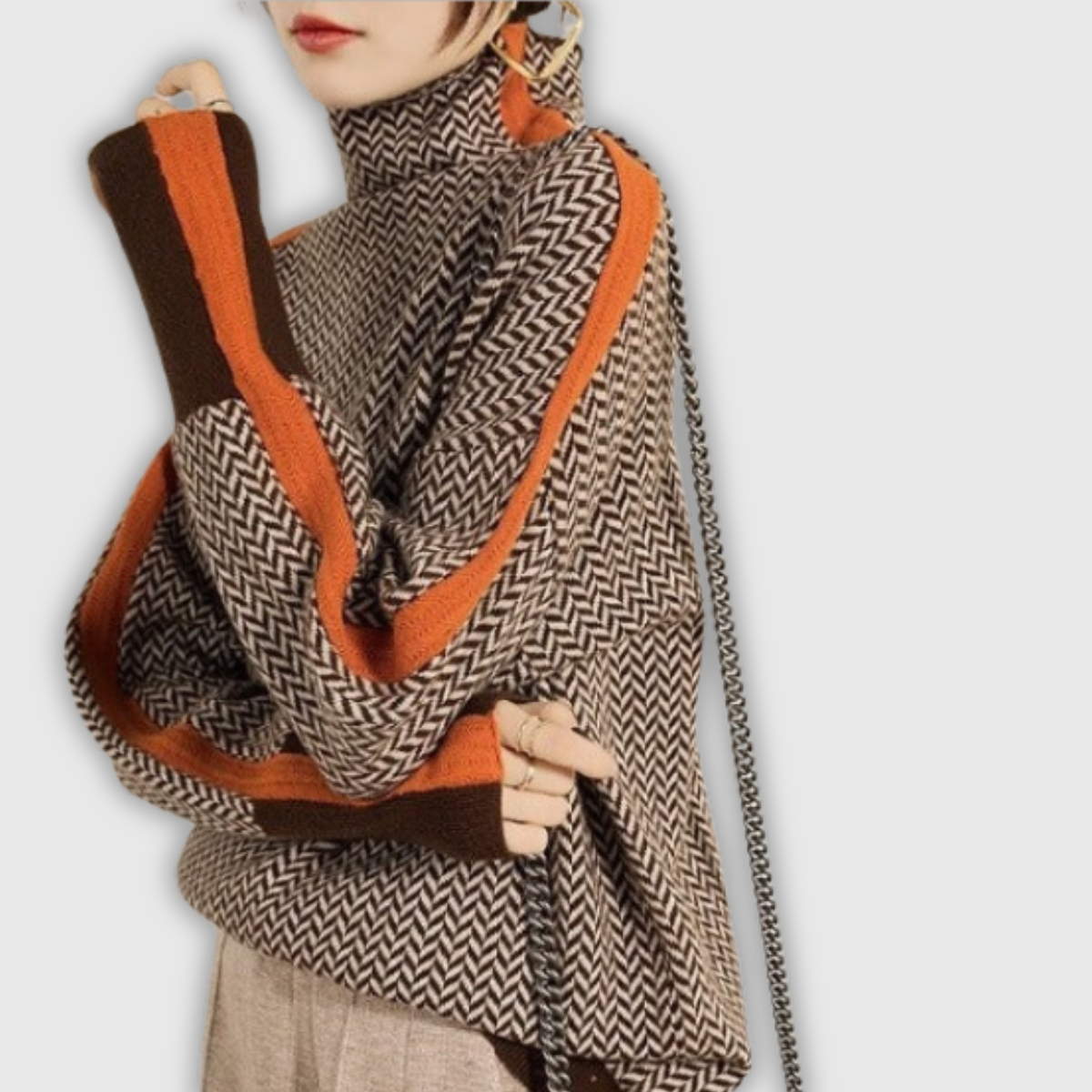 Women's herringbone roll neck jumper with contrast trim and long sleeves