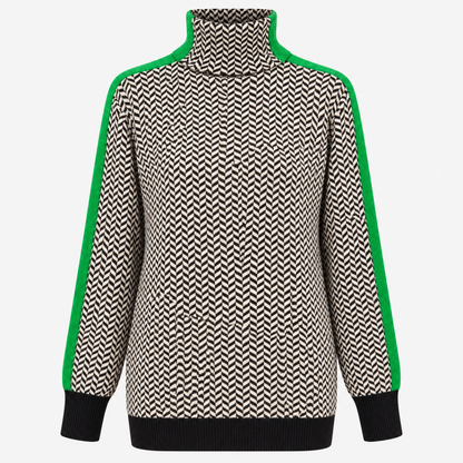 Women's herringbone roll neck jumper with contrast trim and long sleeves