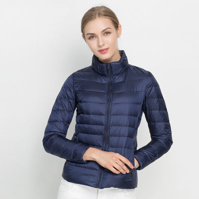 Women's quilted puffer jacket with stand collar and long sleeves