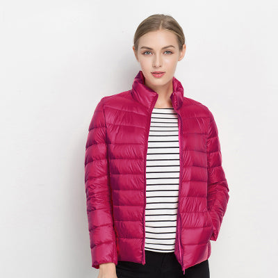 Women's quilted puffer jacket with stand collar and long sleeves