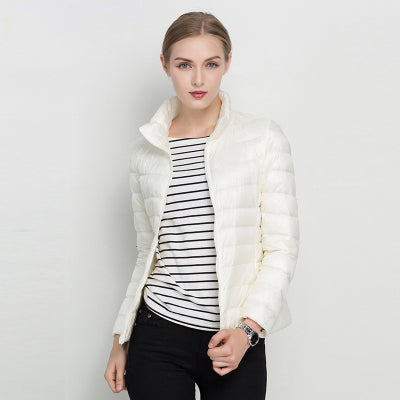 Women's quilted puffer jacket with stand collar and long sleeves