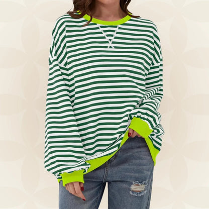 Women's striped pullover sweater with long sleeves and ribbed trims