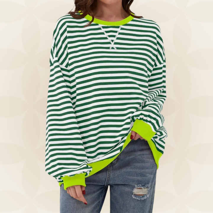 Women's striped pullover sweater with long sleeves and ribbed trims