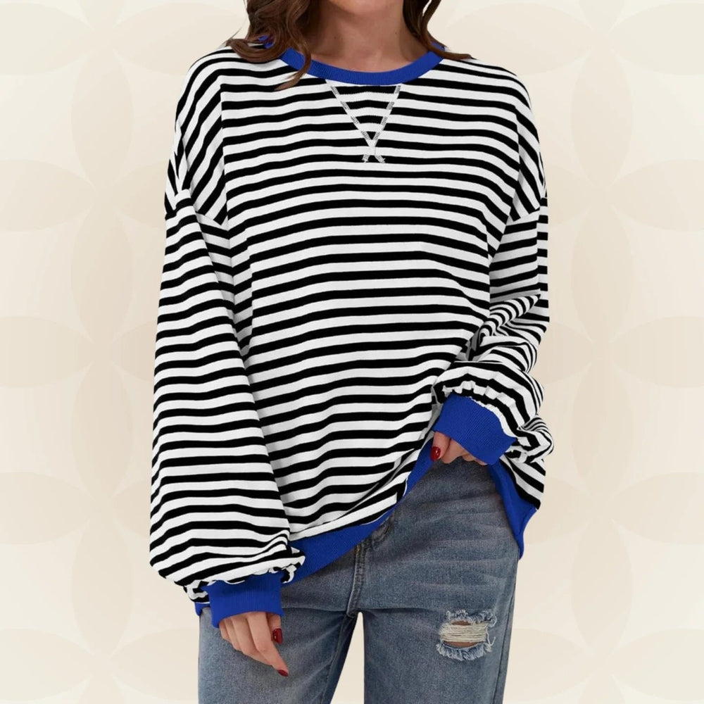 Women's striped pullover sweater with long sleeves and ribbed trims