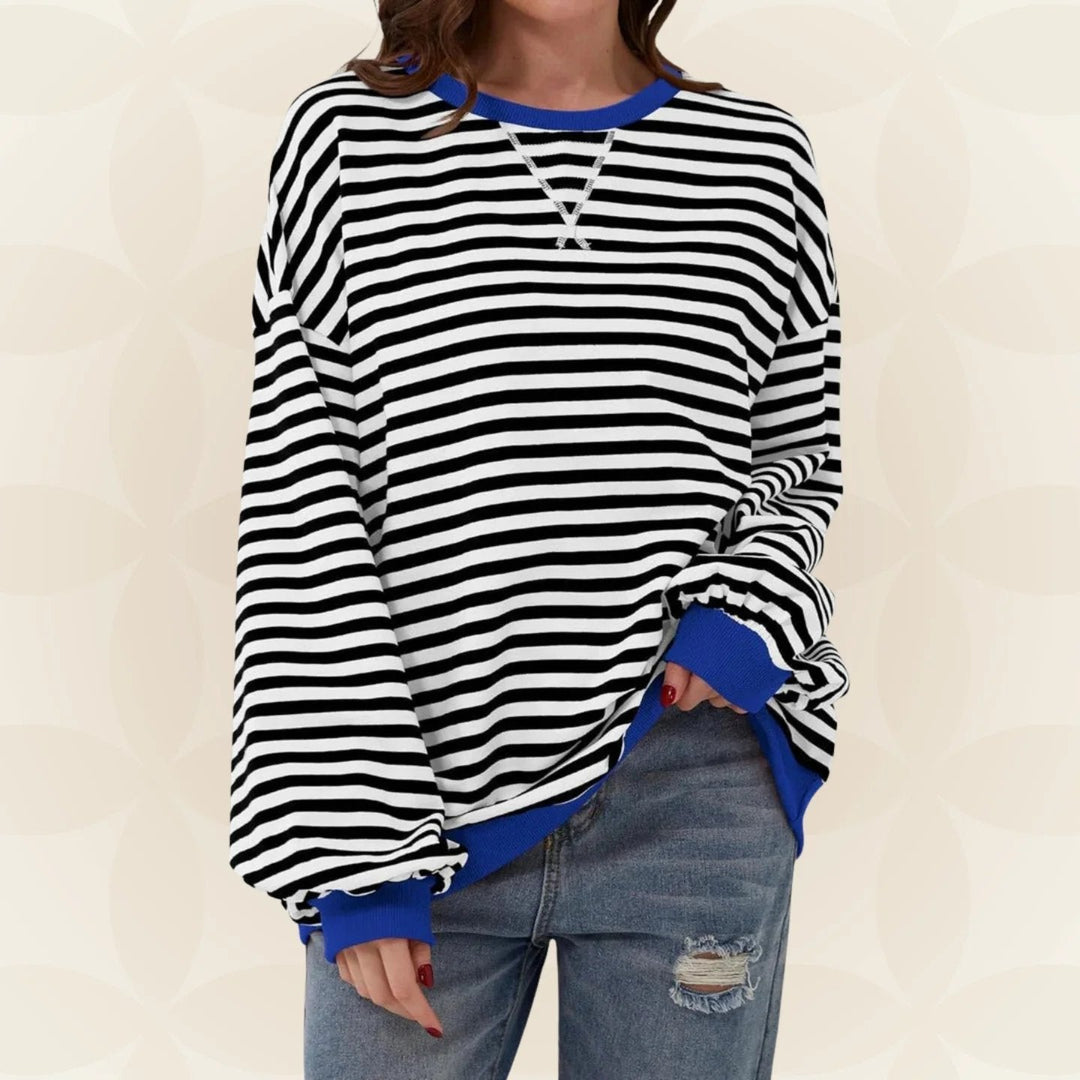 Women's striped pullover sweater with long sleeves and ribbed trims